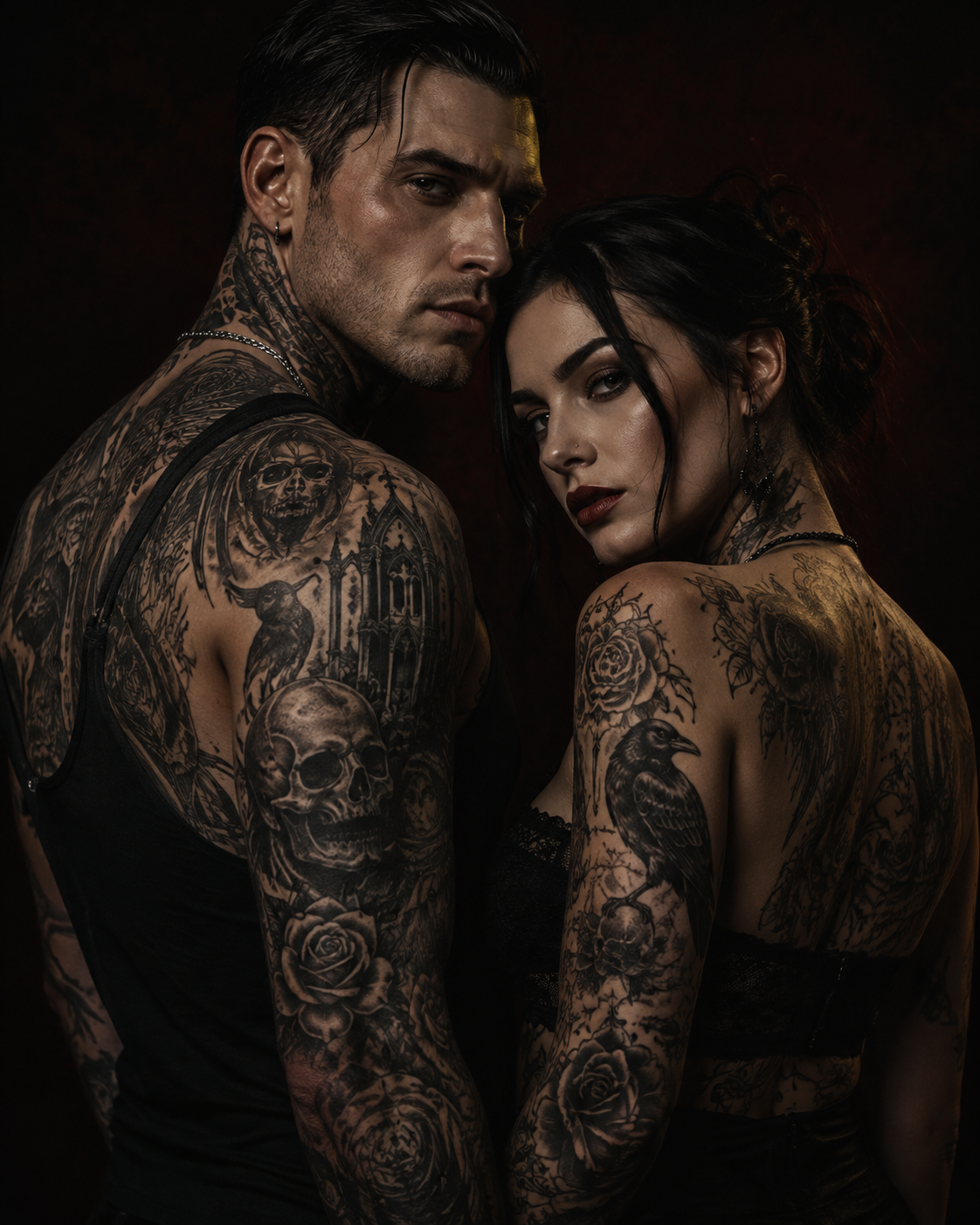 Realistic gothic tattoo design displayed on tattooed people