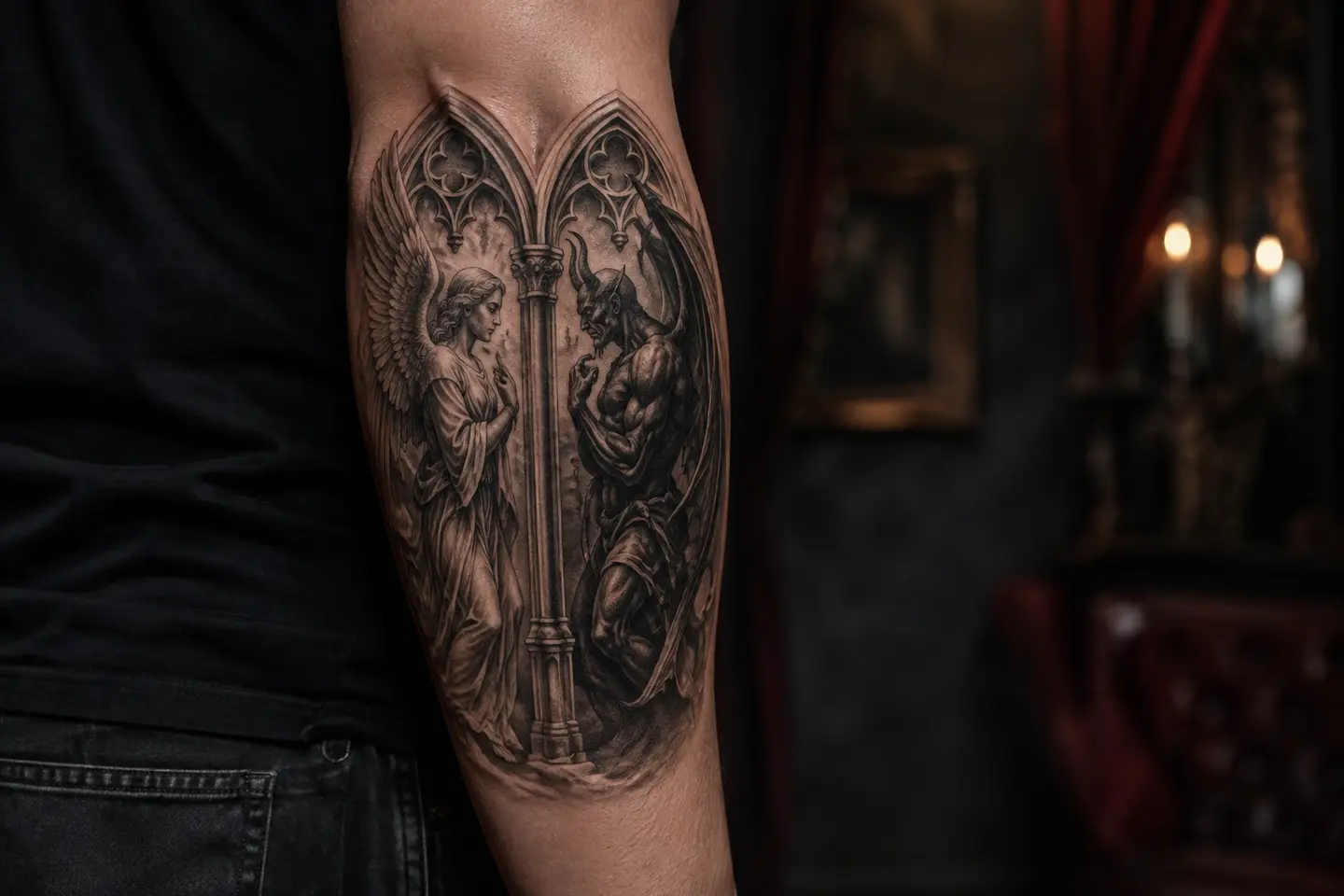 Gothic angel versus demon tattoo
