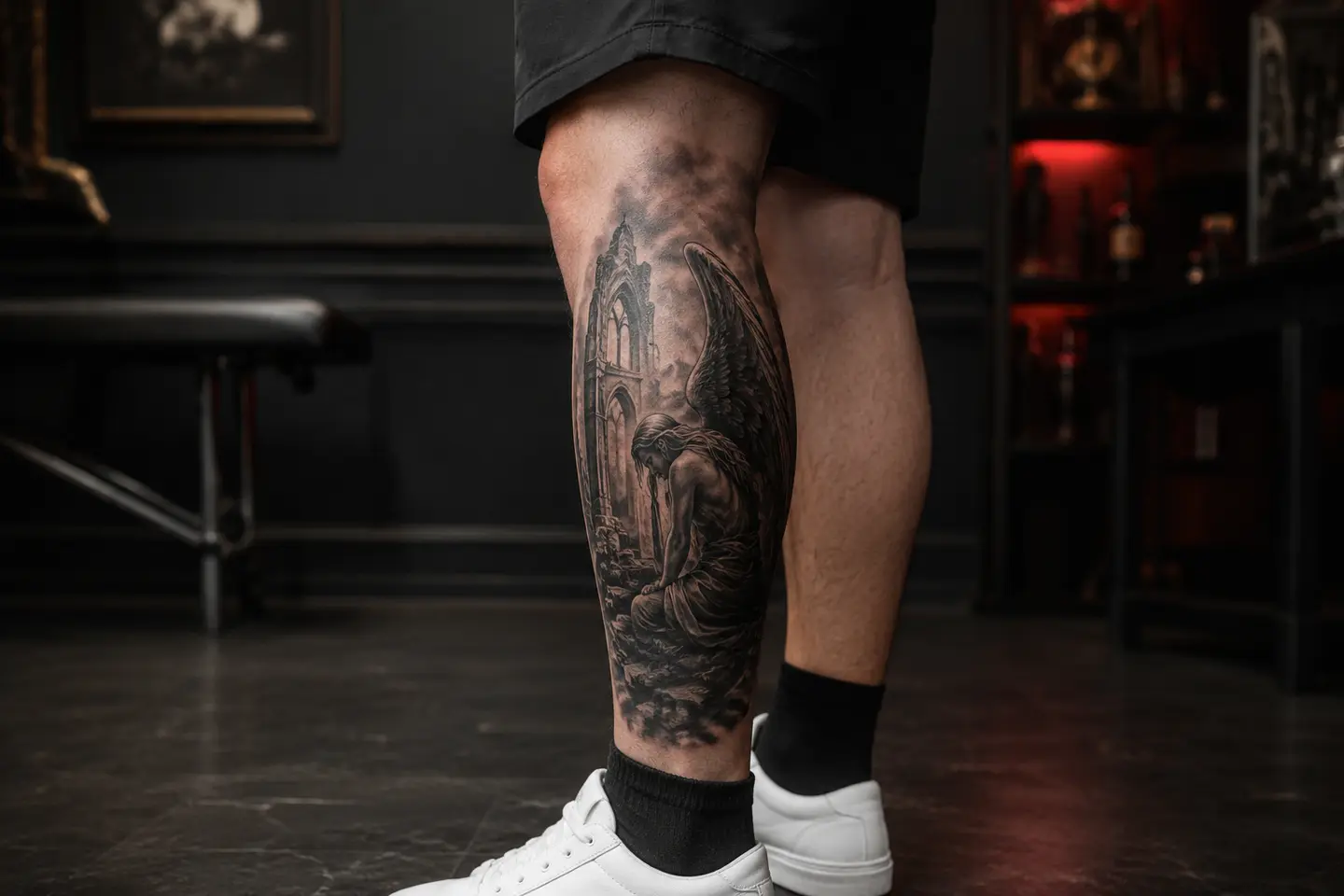 Gothic fallen angel calf tattoo