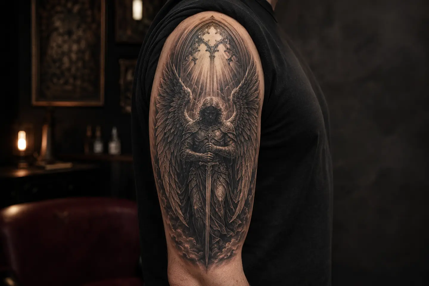 Gothic guardian angel upper arm tattoo