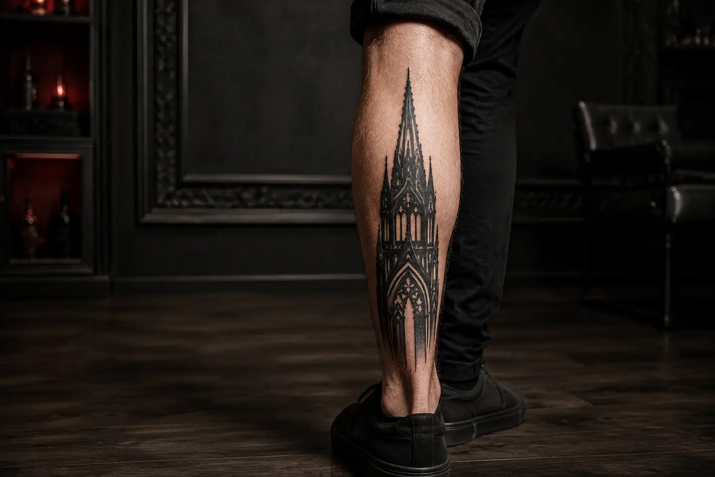 Blackwork gothic cathedral calf tattoo