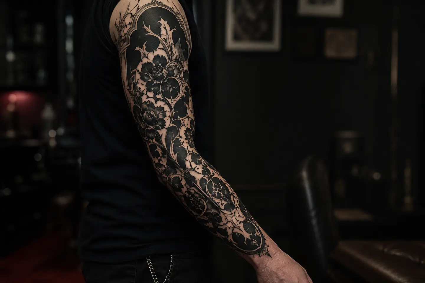 Blackwork gothic floral full sleeve tattoo