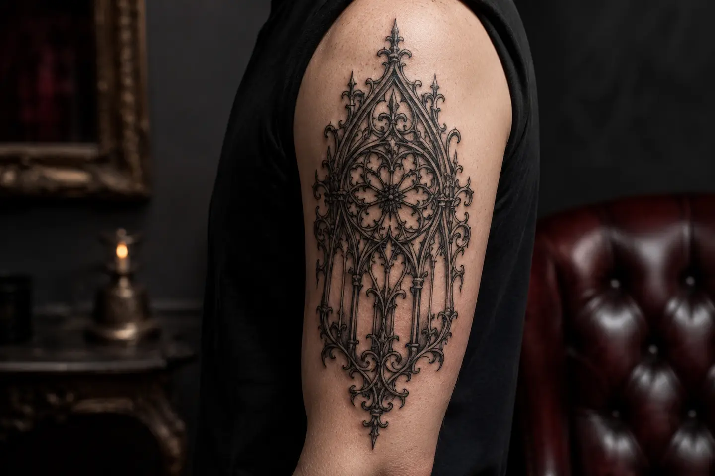 Ornamental blackwork gothic upper arm tattoo