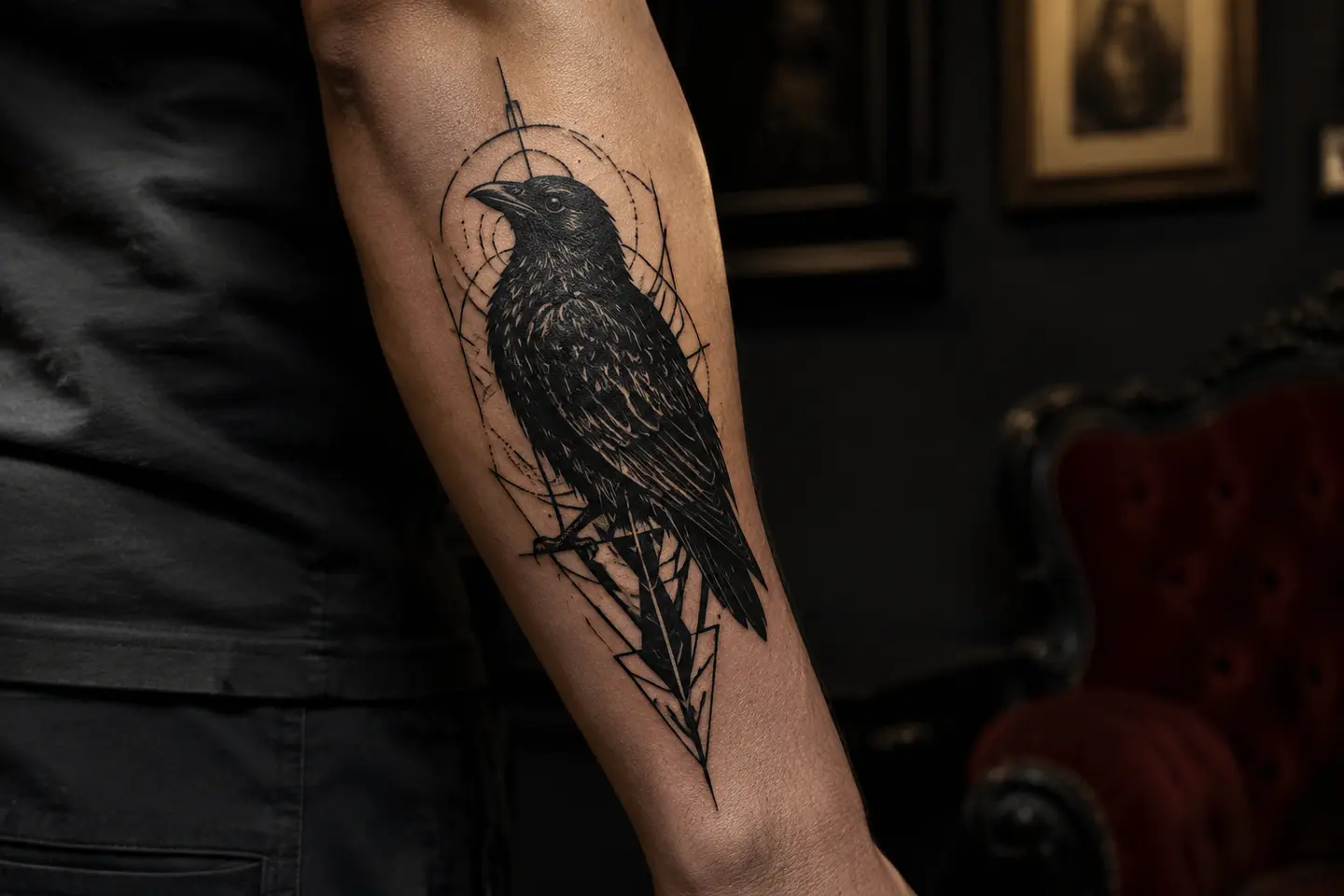 Geometric blackwork gothic raven forearm tattoo