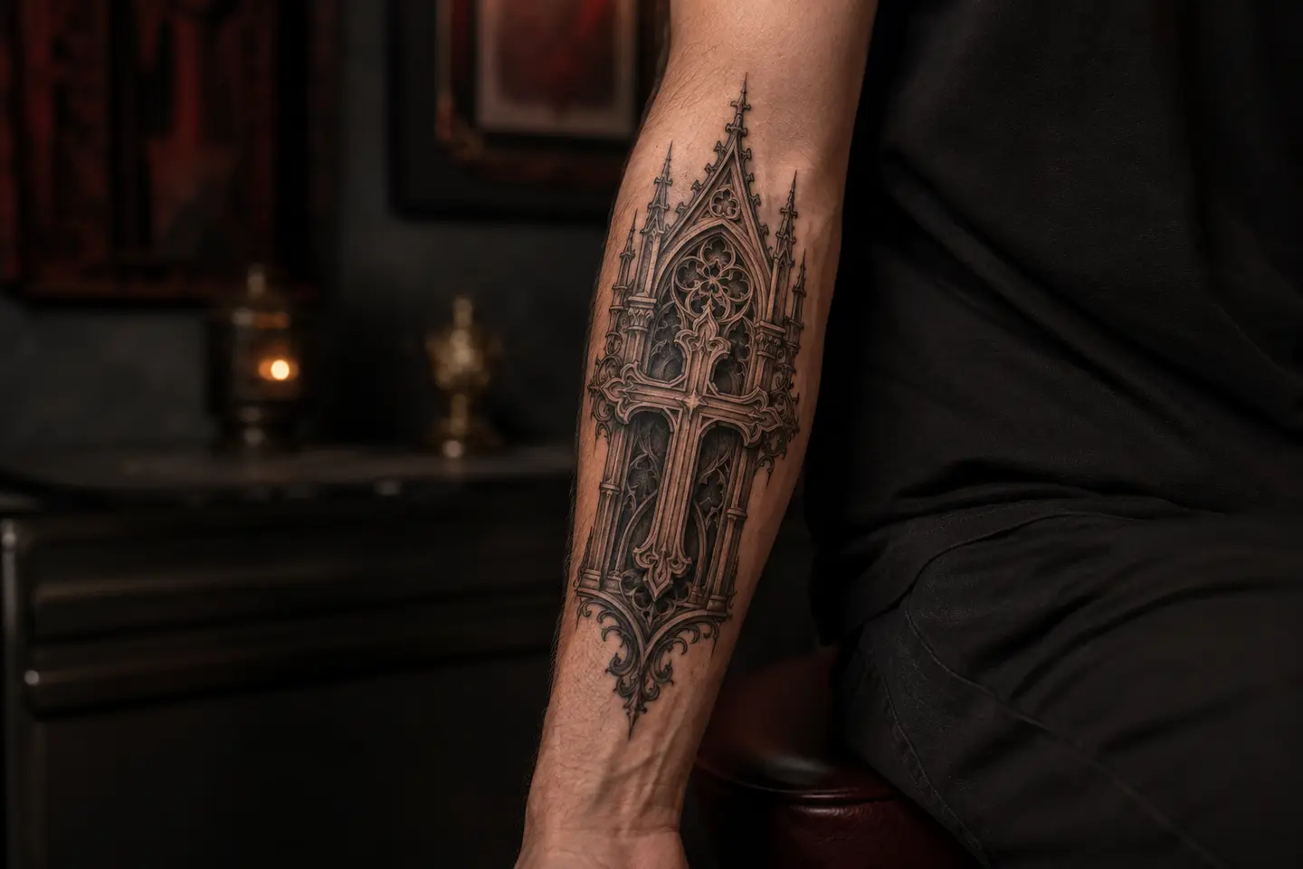 Gothic cathedral cross forearm tattoo design
