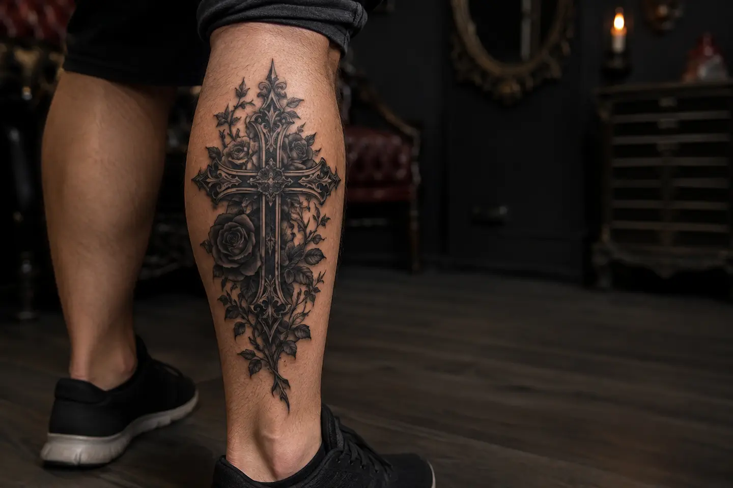 Gothic cross and roses calf tattoo
