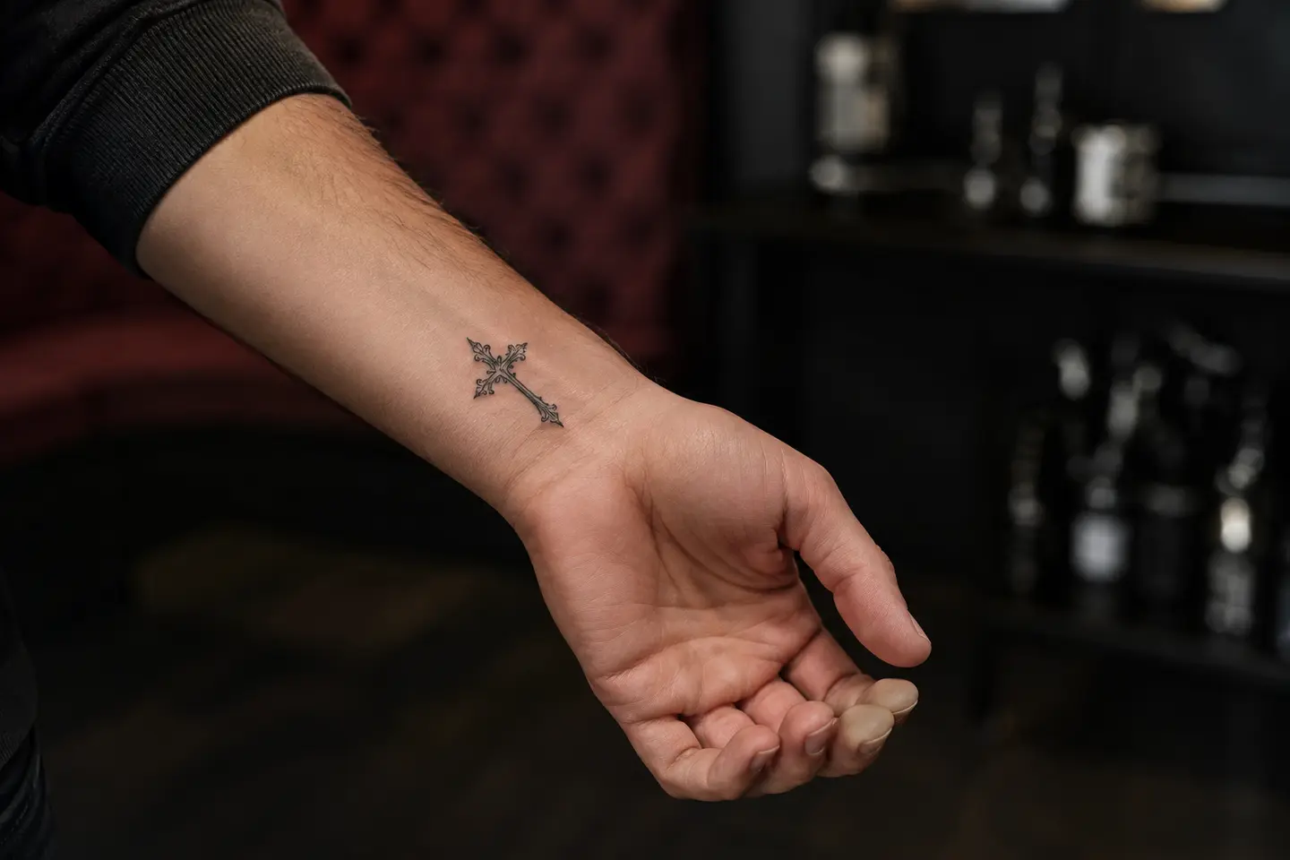 Small gothic ornamental cross wrist tattoo