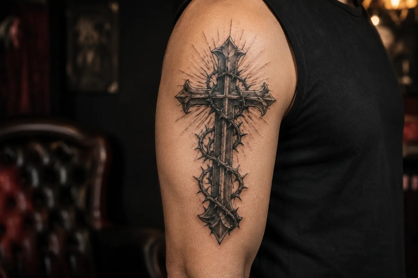 Medieval gothic cross with thorns upper arm tattoo