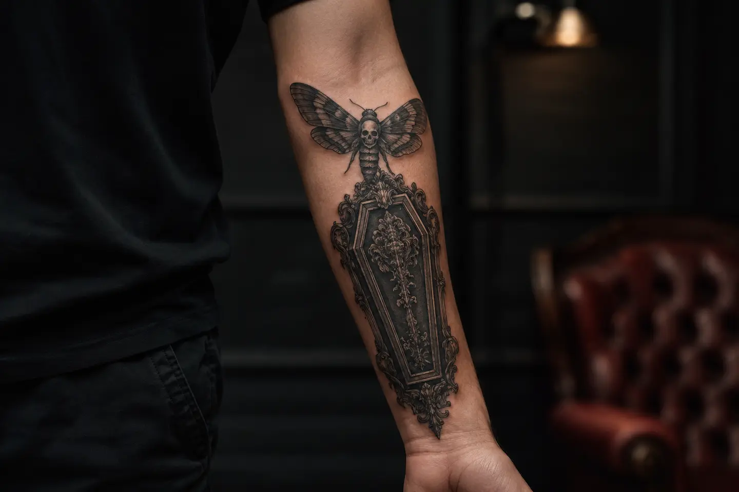 Dark gothic coffin and death moth tattoo