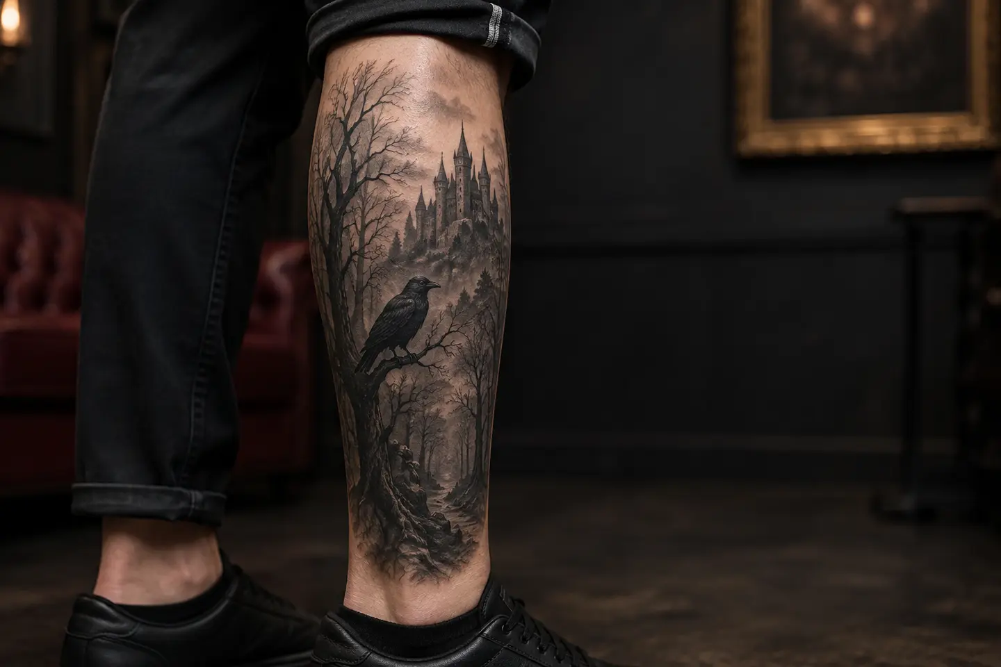 Dark gothic haunted forest calf tattoo