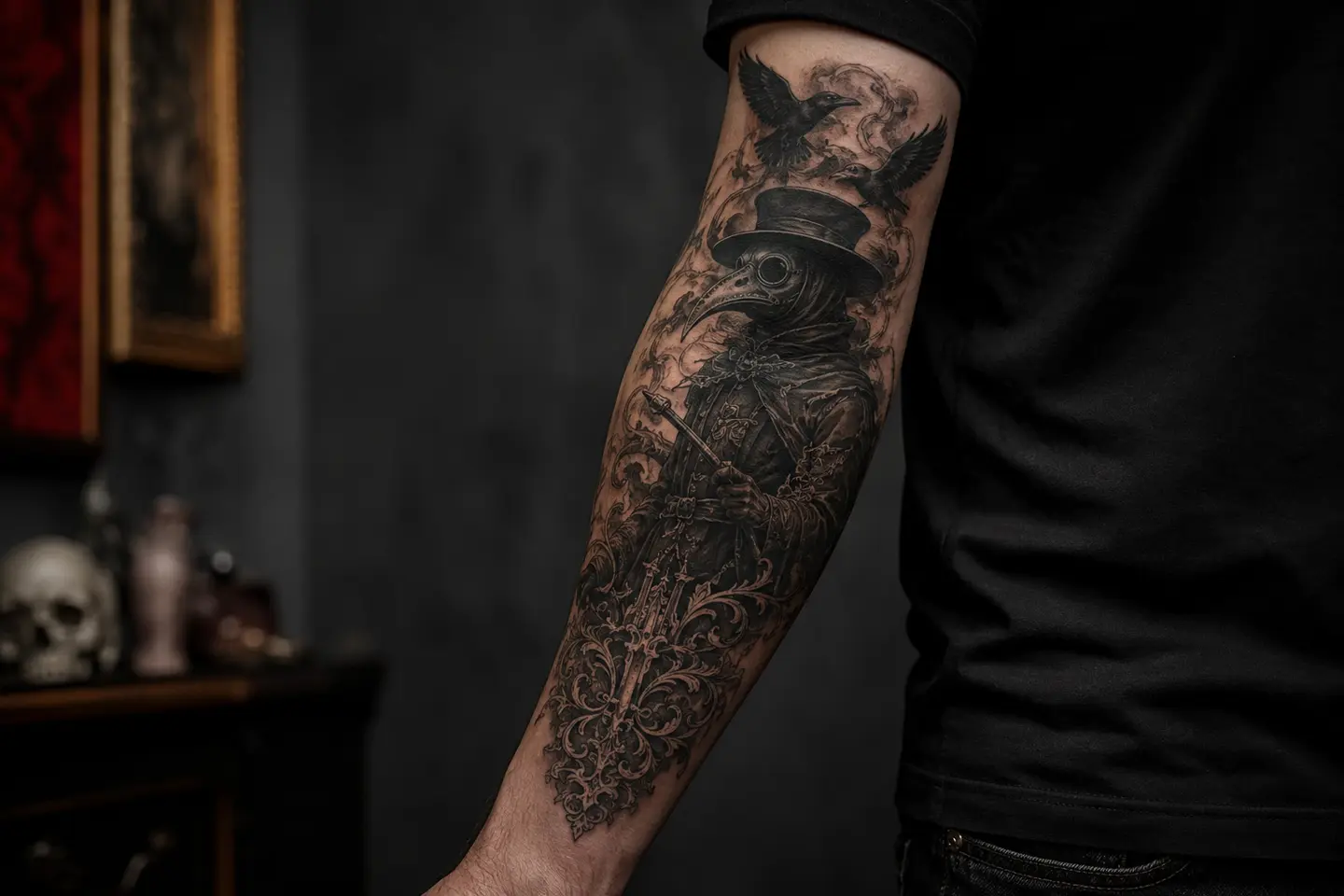 Dark gothic plague doctor forearm tattoo