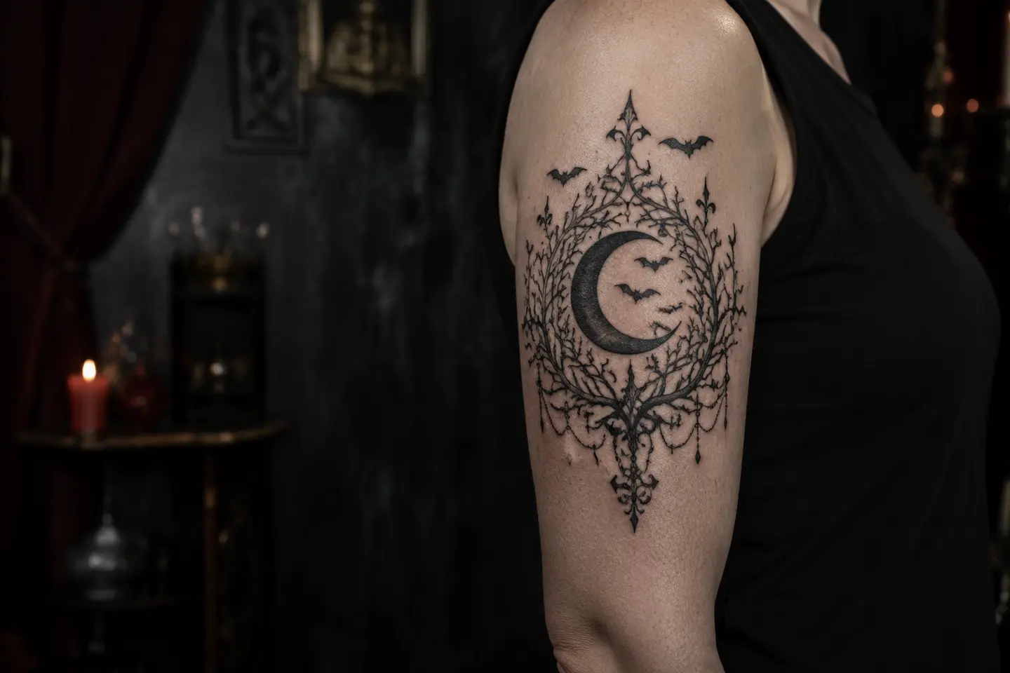 Dark gothic thorn moon upper arm tattoo