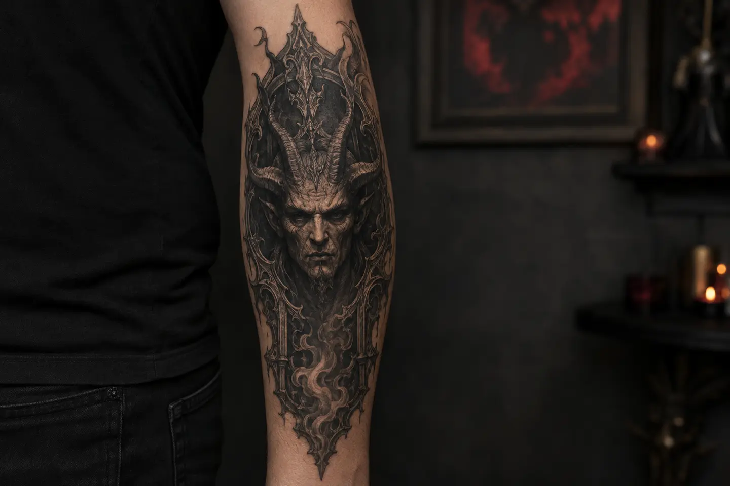 Gothic horned demon forearm tattoo
