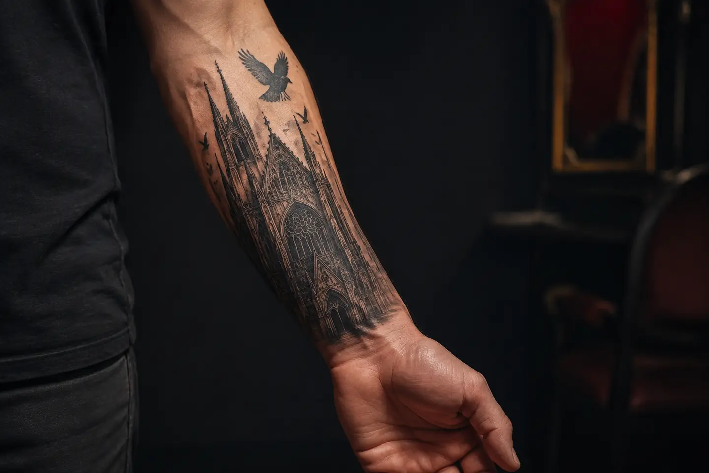 Gothic cathedral forearm tattoo for men