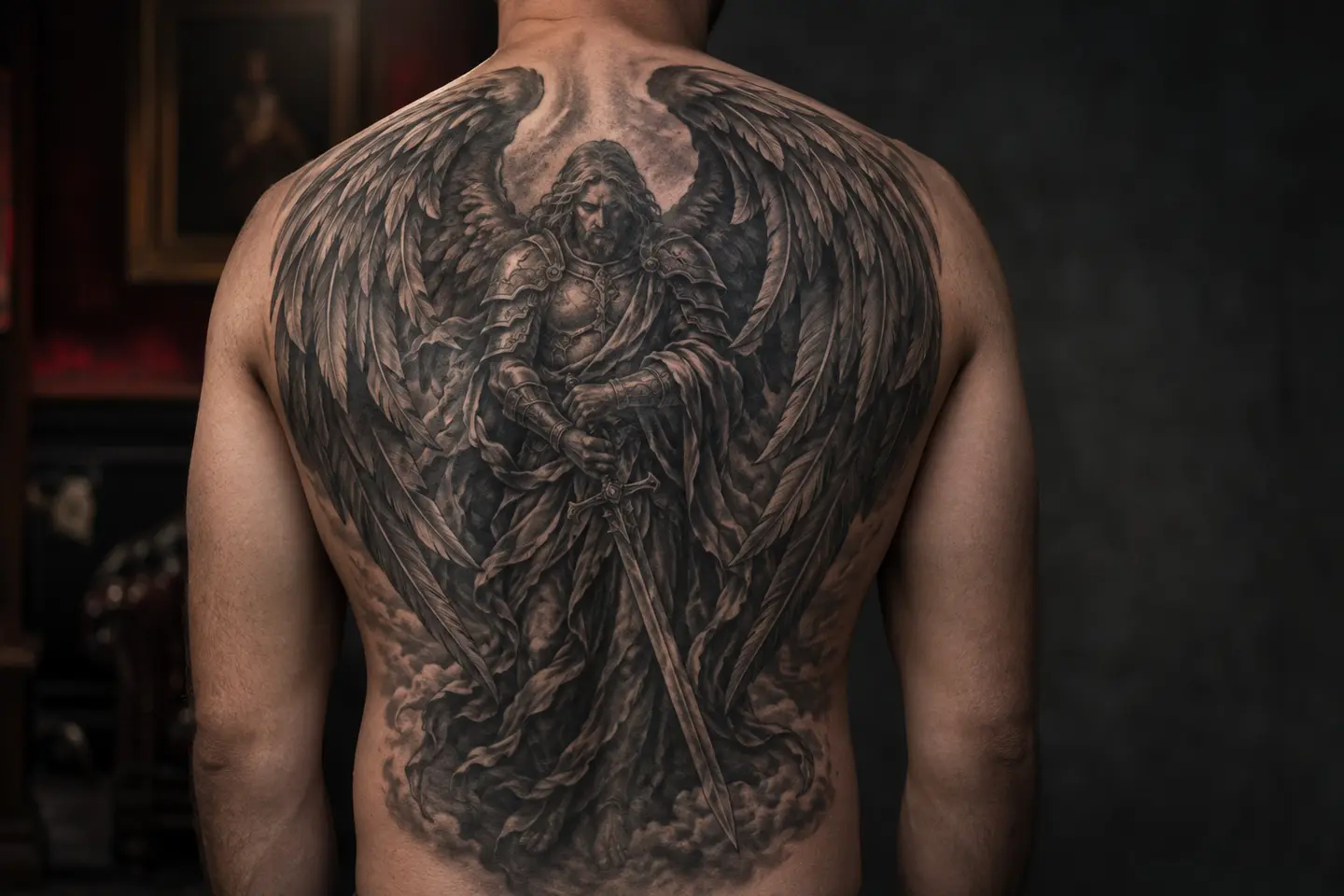 Gothic guardian angel back tattoo for men