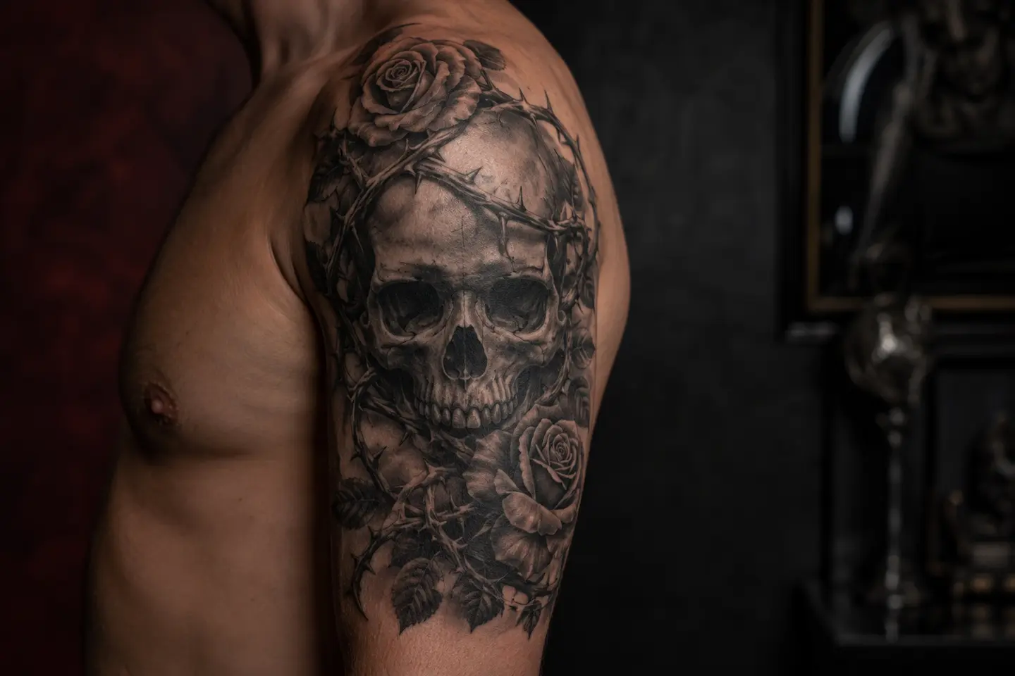 Gothic skull and roses tattoo for men