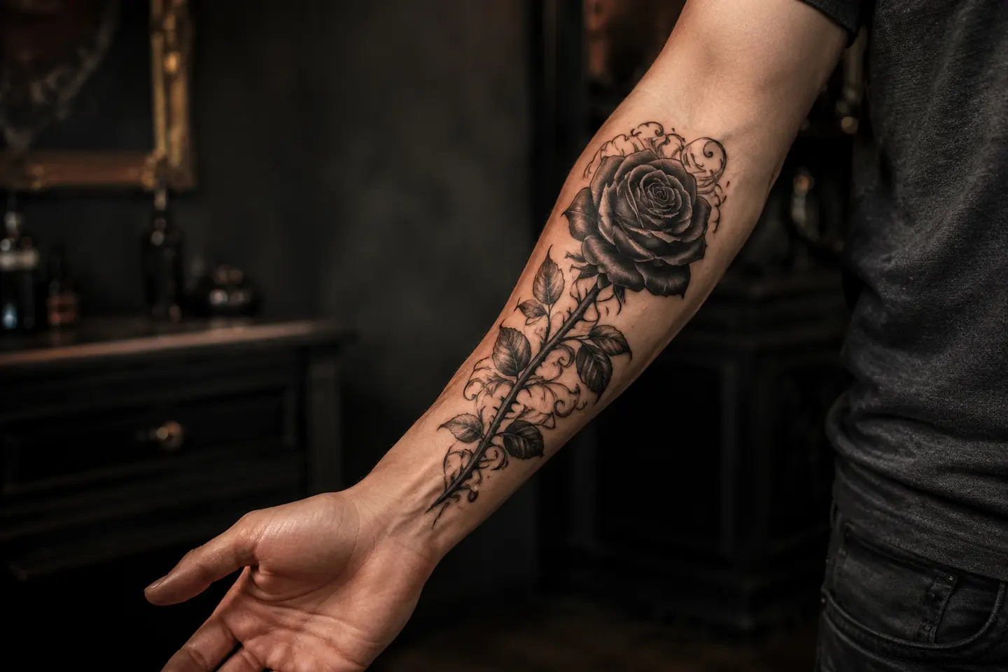 Black gothic rose forearm tattoo