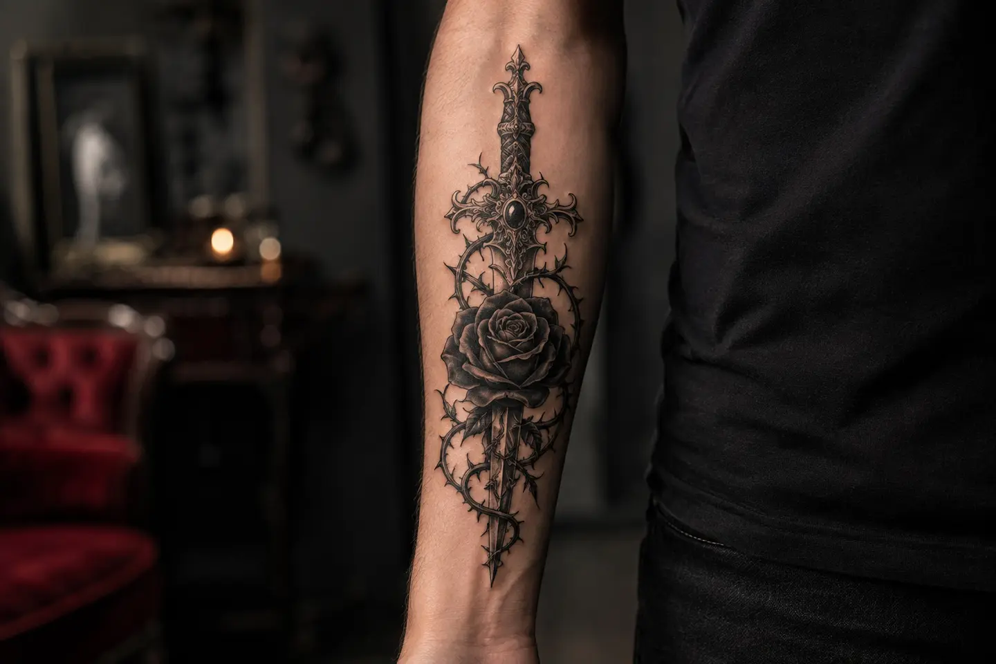 Gothic rose and dagger forearm tattoo