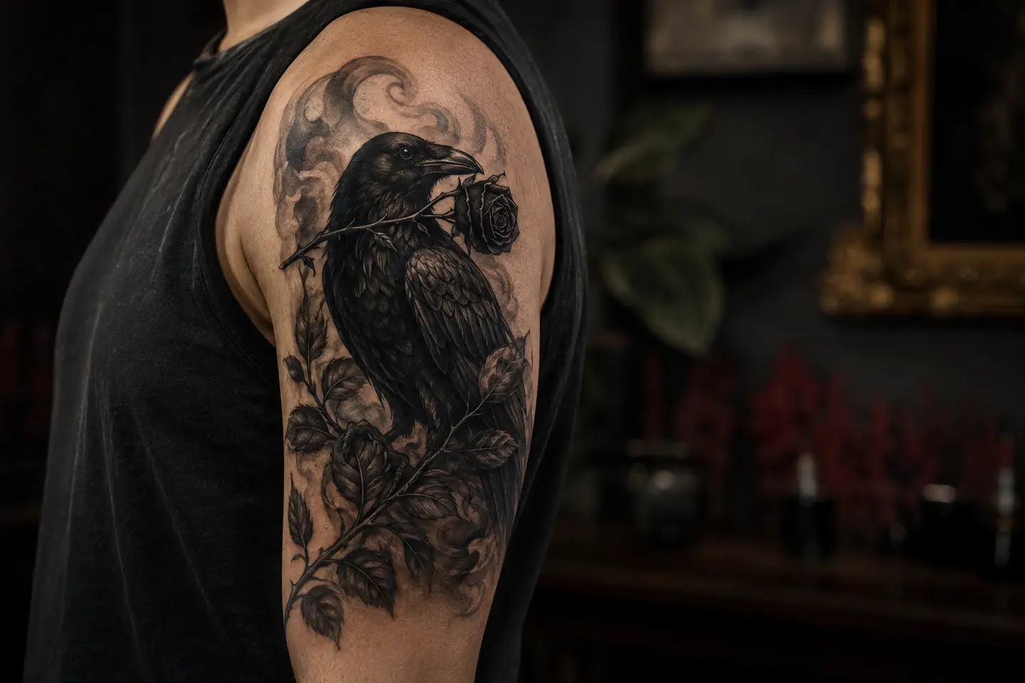 Gothic raven carrying a black rose tattoo