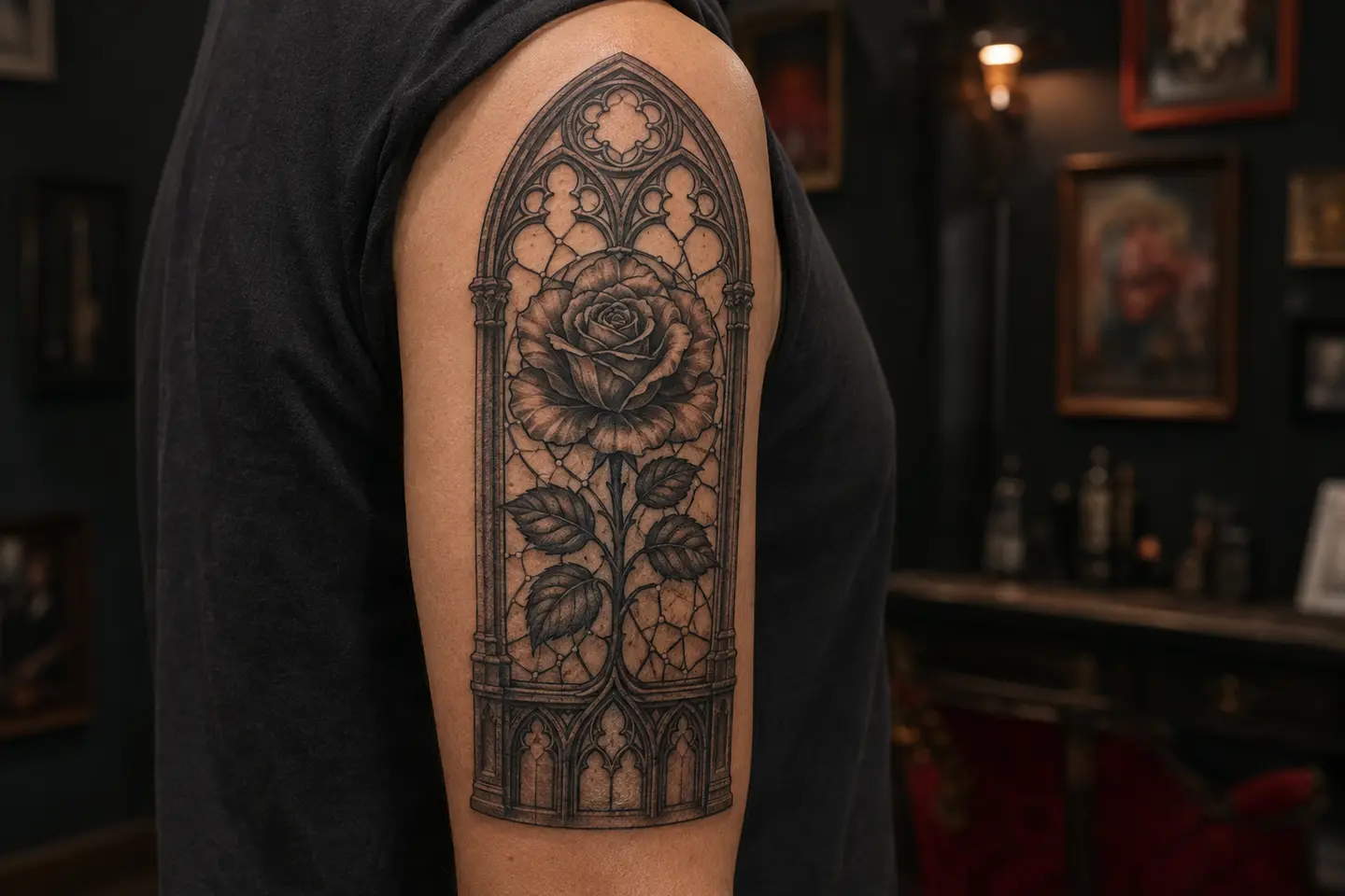 Gothic stained glass rose upper arm tattoo