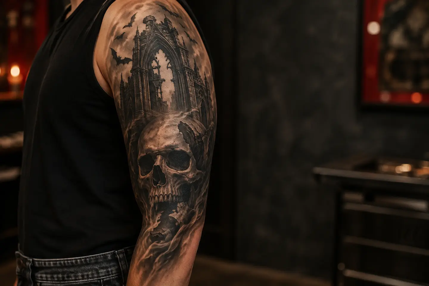Gothic skull and cathedral ruins arm tattoo