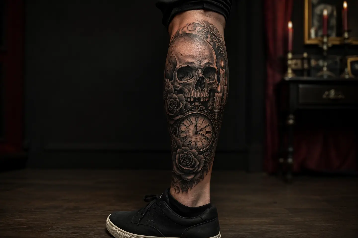 Gothic skull clock and roses calf tattoo