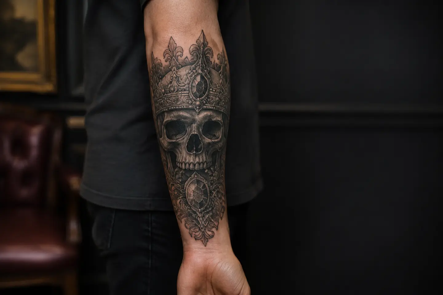 Gothic crowned skull forearm tattoo