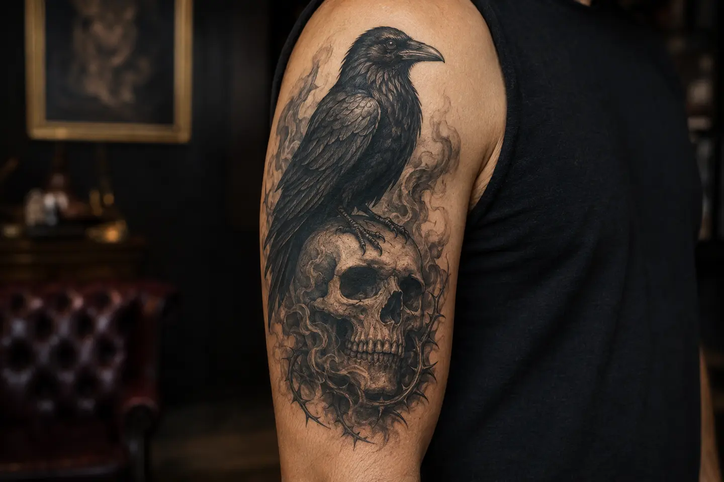 Gothic raven and skull upper arm tattoo