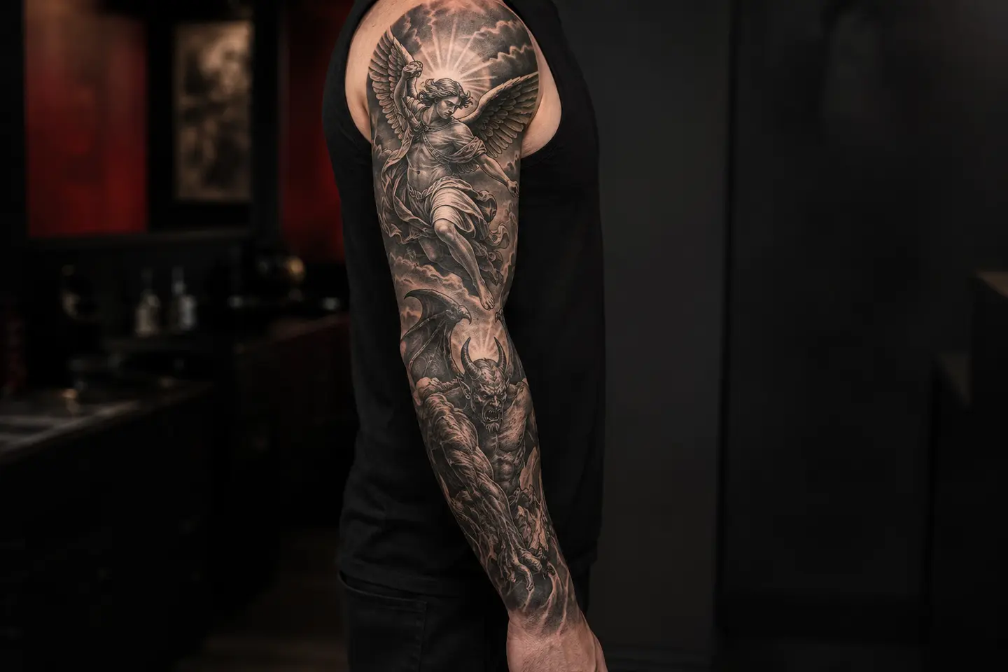 Gothic angel and demon full sleeve tattoo