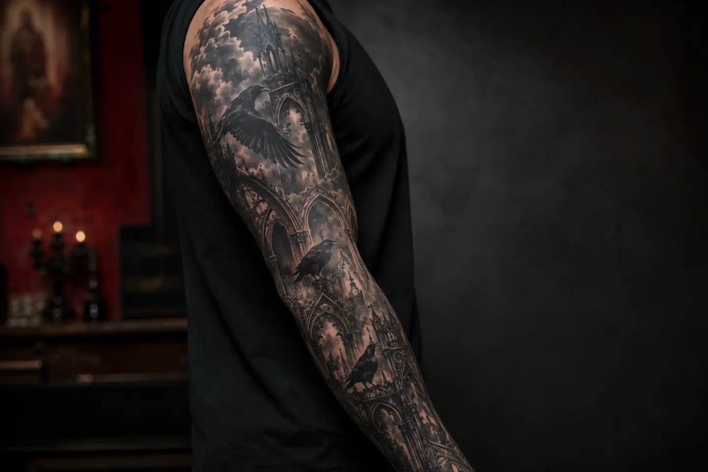 Full gothic cathedral and ravens sleeve tattoo