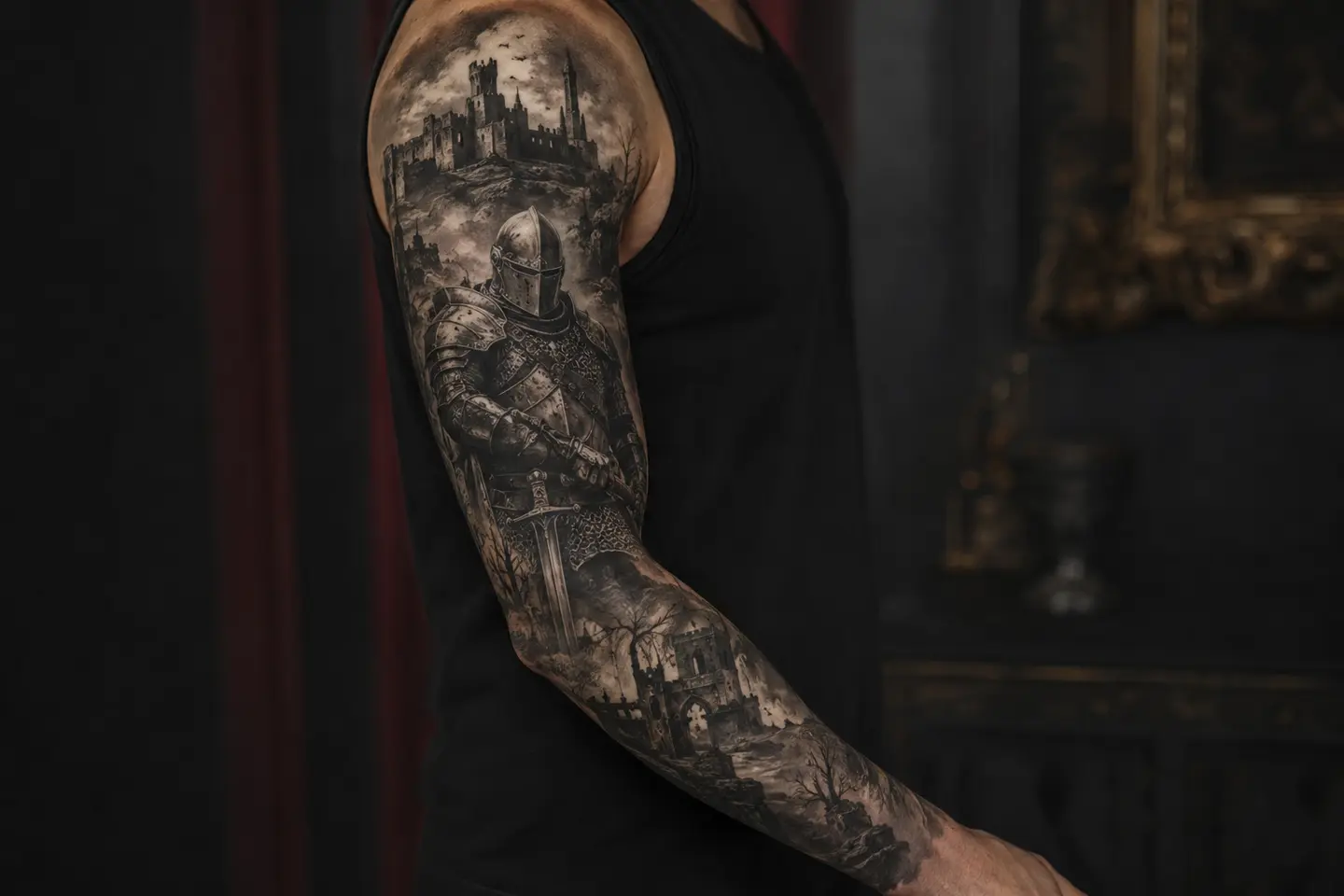 Medieval knight gothic sleeve tattoo