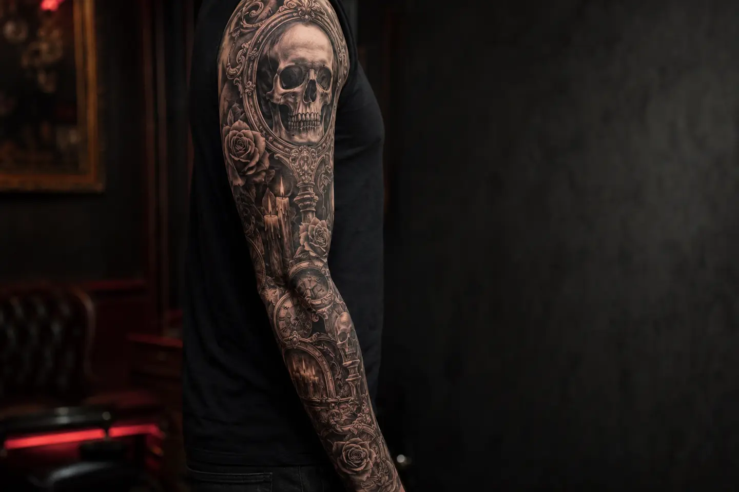 Gothic skulls and roses full sleeve tattoo