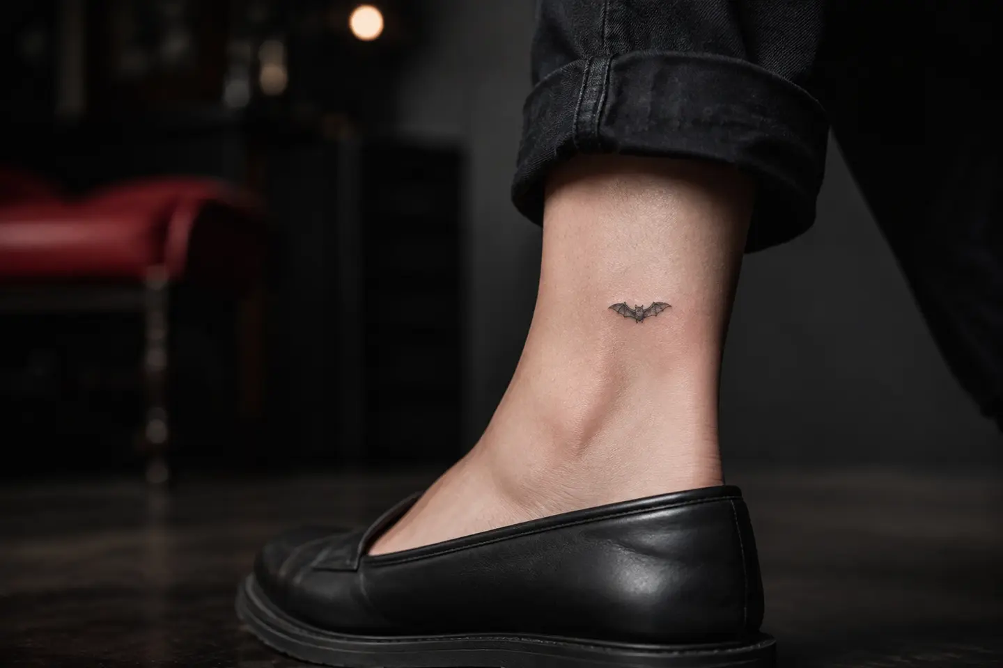 Tiny gothic bat ankle tattoo