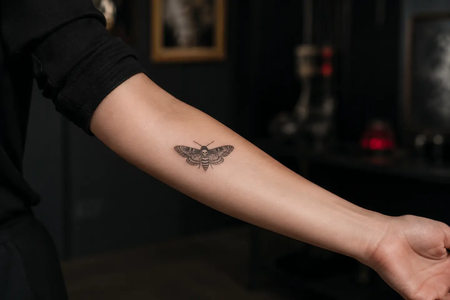 Small gothic death head moth forearm tattoo