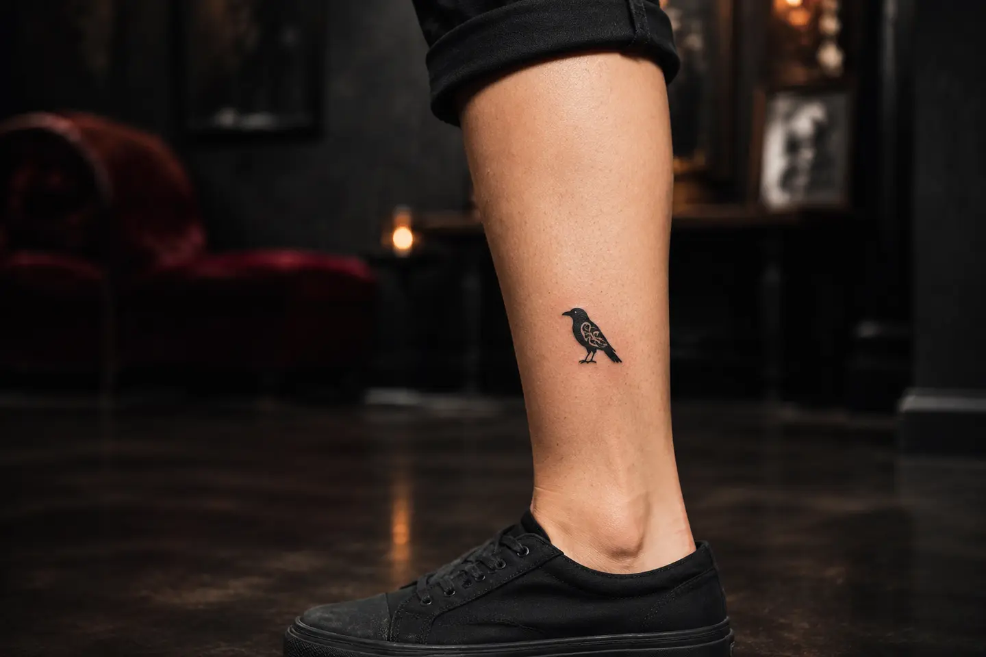 Small gothic raven calf tattoo