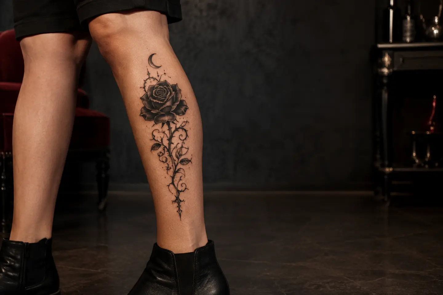 Gothic black rose calf tattoo for women