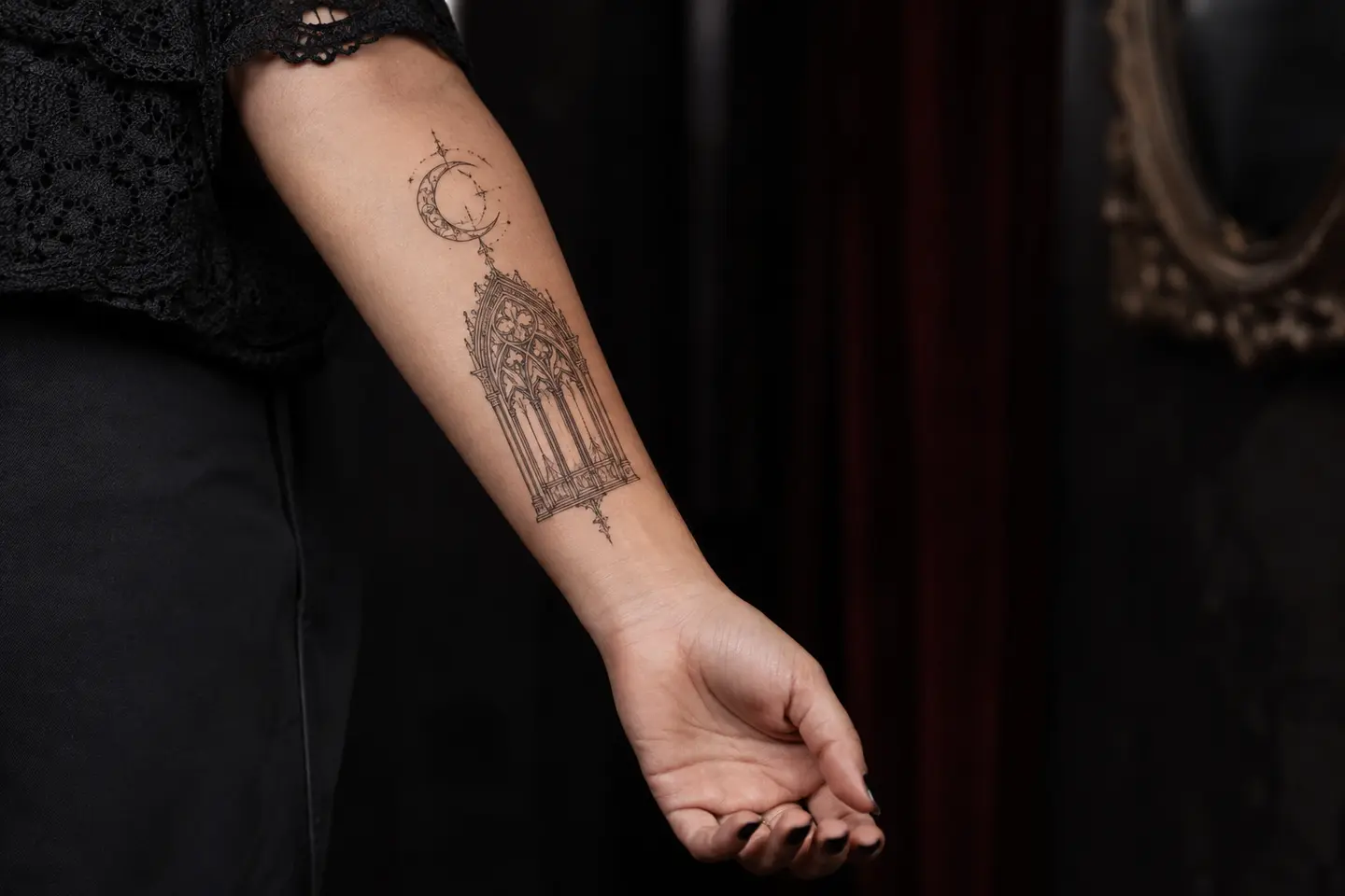 Gothic cathedral forearm tattoo for women