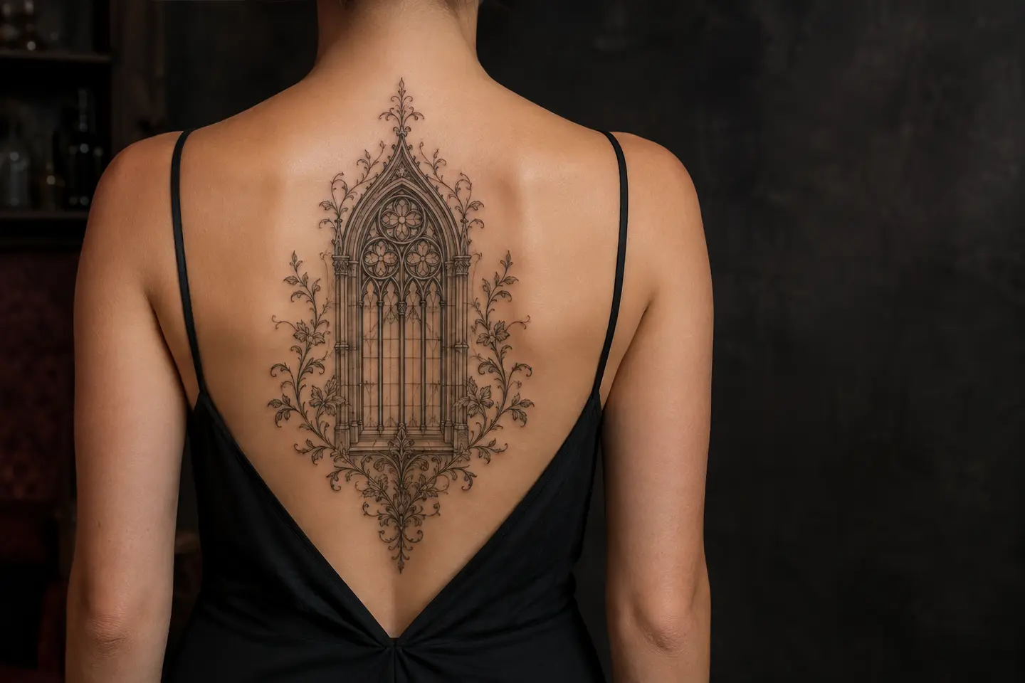 Gothic ornamental cathedral back tattoo for women