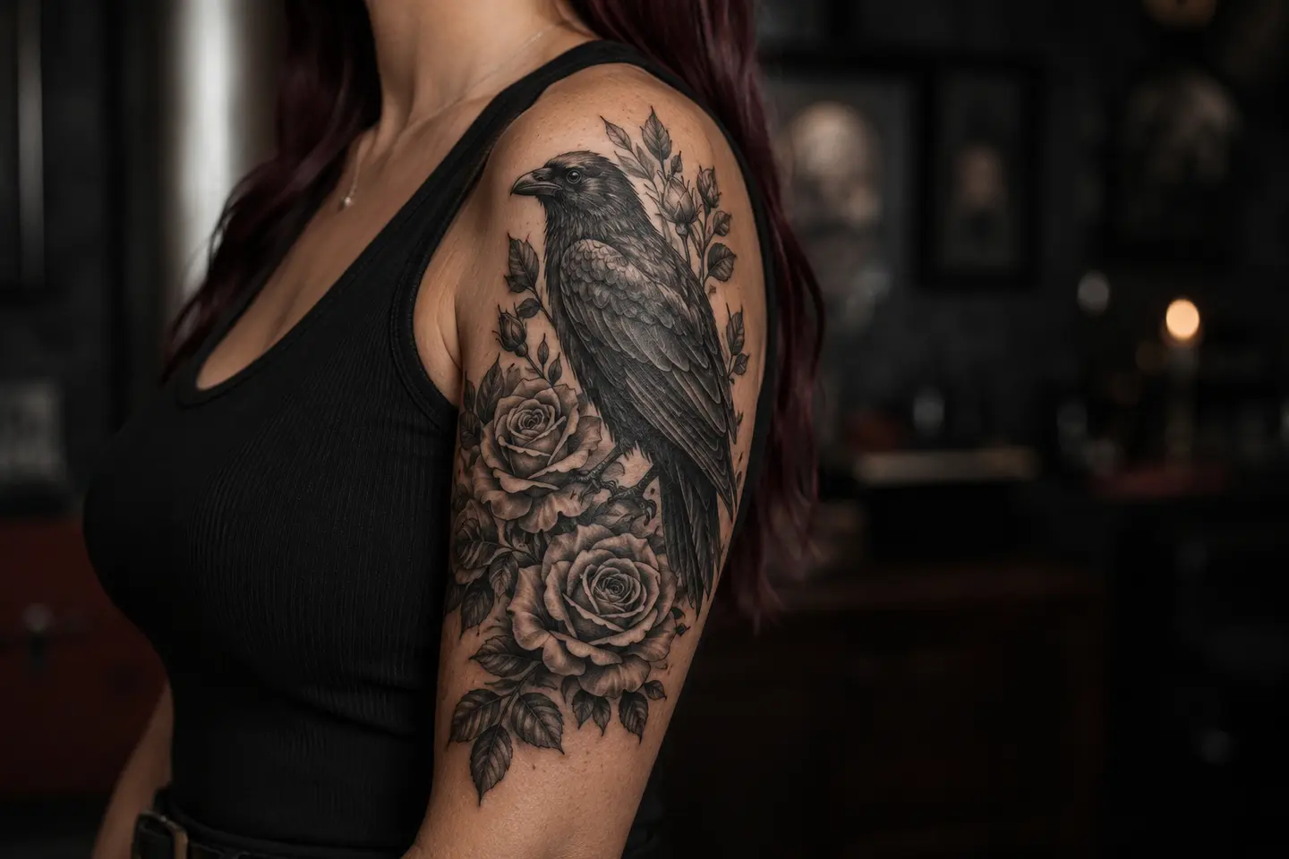 Gothic raven and roses shoulder tattoo for women